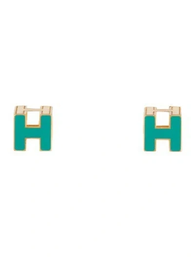Pre-owned Hermes Enamel Cube H Stud Earrings In Green