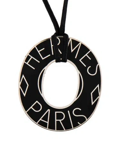 Pre-owned Hermes Enamel Ex Libris Pendant Necklace, 36" In Black