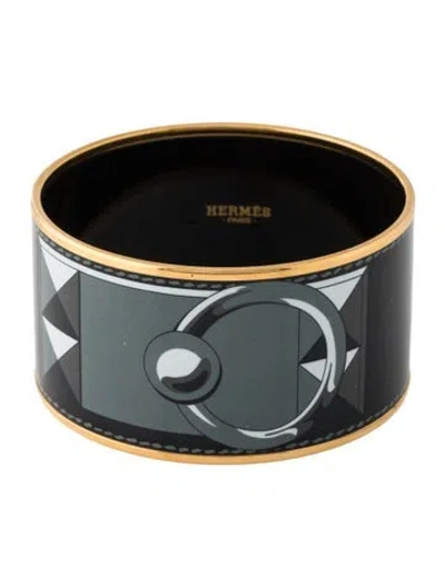 Pre-owned Hermes Enamel Extra Wide Bangle, 7" In Black/grey/white