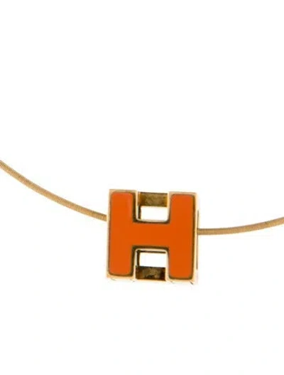 Pre-owned Hermes Enamel H Cube Pendant Necklace, 16.75" In Orange