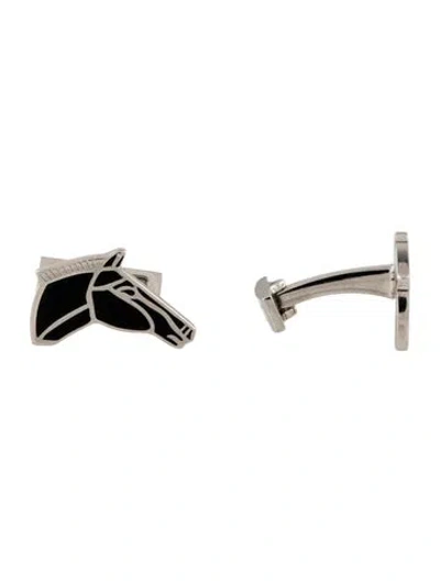 Pre-owned Hermes Enamel Horse Head Cufflinks In Black