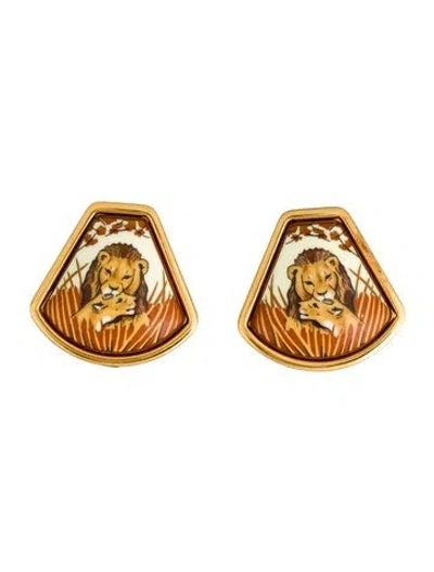 Pre-owned Hermes Enamel Lion Clip-on Earrings In Multi
