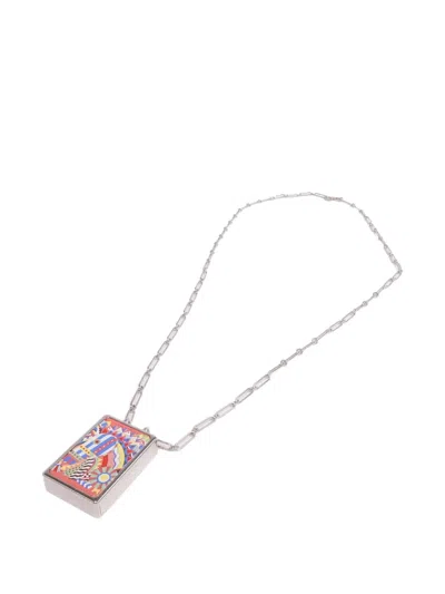 Pre-owned Hermes Enamel Locket-pendant Necklace In Silver