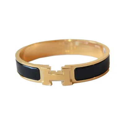 Pre-owned Hermes Enamel Narrow Clic H Bracelet Rose Gold Black In Gm