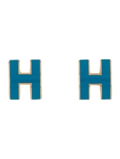 Pre-owned Hermes Enamel Pop H Stud Earrings In Blue