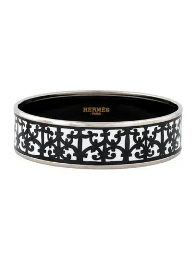 Pre-owned Hermes Enamel Wide Bangle Bracelet, 8.25" In Black/white