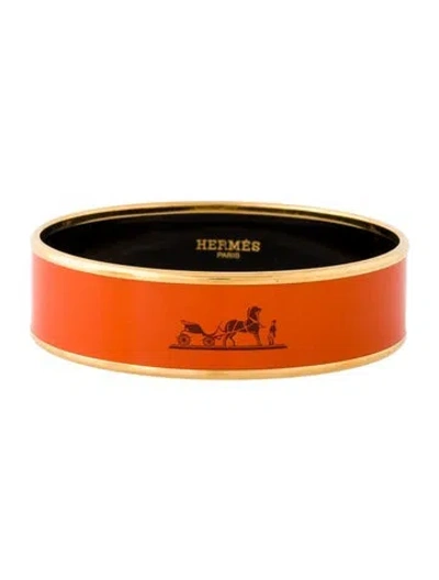 Pre-owned Hermes Enamel Wide Caleche Bangle Bracelet, 7.5" In Orange