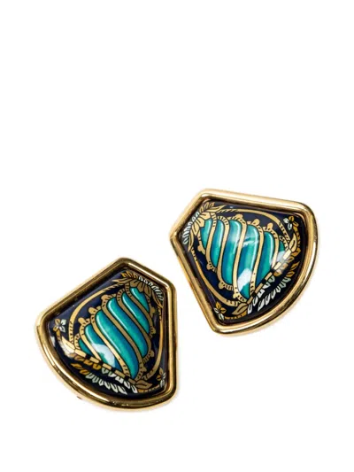 Pre-owned Hermes Enamelled Geometric Earrings In Gold