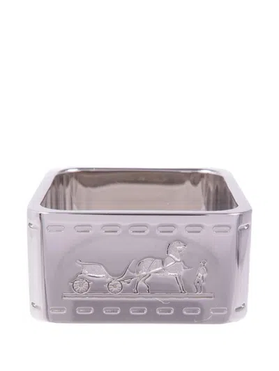 Pre-owned Hermes Engraved Scarf Ring In Silver