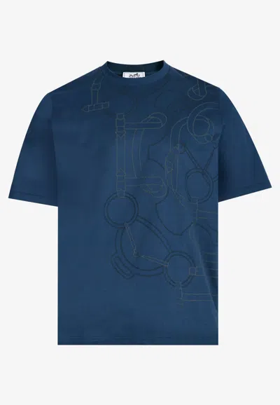 Hermes "eperon D'or" Print T-shirt In Indigo