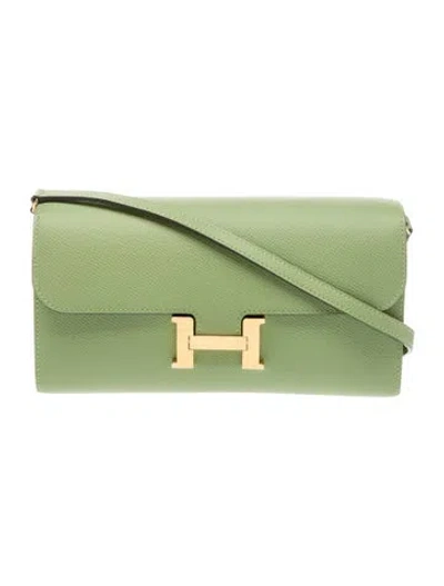 Pre-owned Hermes Epsom Constance To Go Wallet In Green