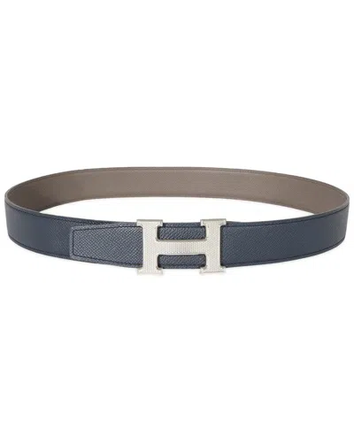 Pre-owned Hermes Hermès Epsom Etain Bleu De Prusse H Guilloche Belt, Size 80 (authentic Pre-loved)