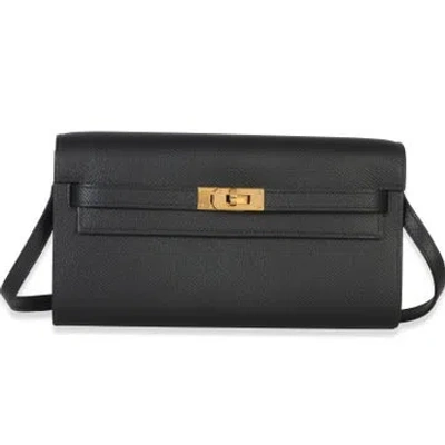Pre-owned Hermes Epsom Leather Kelly To Go Wallet In Black