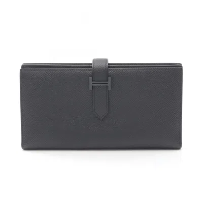 Pre-owned Hermes Epsom Leather Long Wallet (bi-fold) () In Black