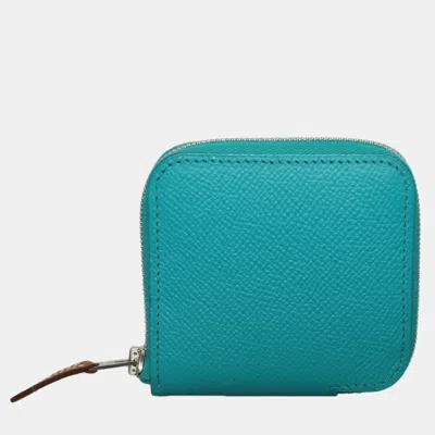 Pre-owned Hermes Epsom Leather Vert Verone Silk'in Change Purse In Blue