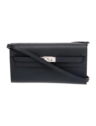 Pre-owned Hermes Epsom Verso Kelly To Go Wallet W/ Strap In Blue