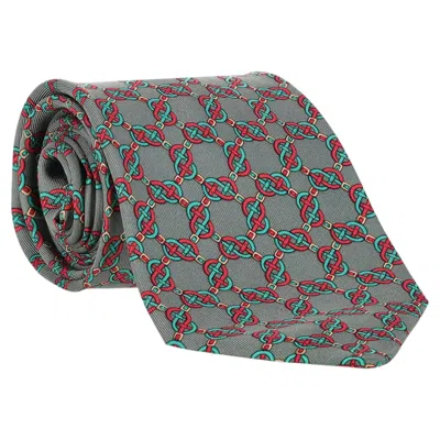 Pre-owned Hermes Equestrian Chain Link Pattern Silk Tie In Gray