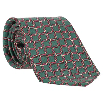 Pre-owned Hermes Equestrian Chain-link Pattern Silk Tie In Black