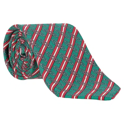 Pre-owned Hermes Equestrian Chain-link Pattern Silk Tie In Gray