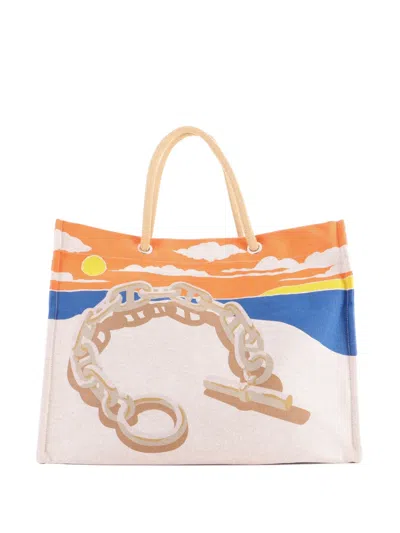 Pre-owned Hermes Escale A La Plage Beach Bag Printed Toile Tote Bag In Multi