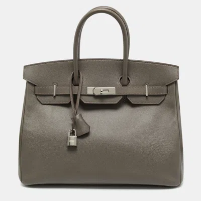Pre-owned Hermes Etain Epsom Leather Palladium Finish Birkin 35 Bag In Gray