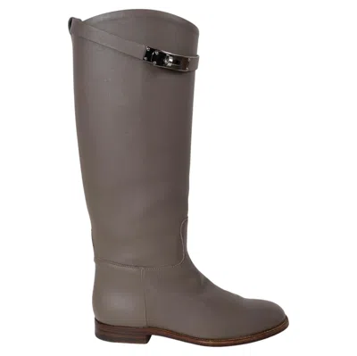 Pre-owned Hermes Etain Grey Leather Jumping Riding Boots Shoes 36.5 In Gray