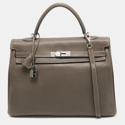 Pre-owned Hermes Etain Taurillion Clemence Leather Palladium Finish Kelly Retourne 35 Bag In Beige