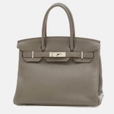 Pre-owned Hermes Etain Taurillon Clemence Q Stamp Birkin Handbag In Grey