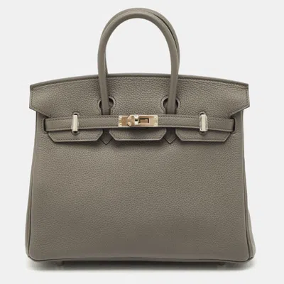 Pre-owned Hermes Hermès Etain Togo Leather Palladium Finish Birkin Sellier 25 Bag In Gray