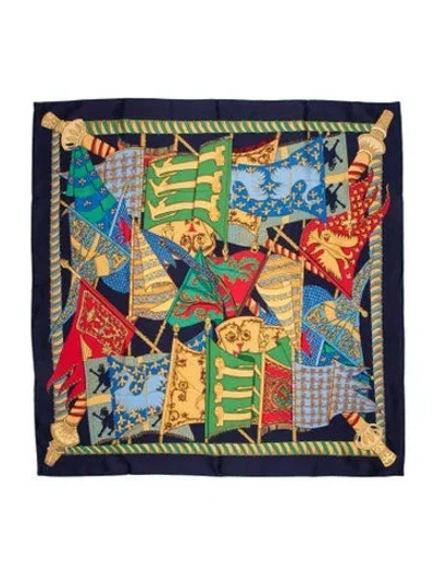 Pre-owned Hermes Etendards Et Bannieres Silk Scarf In Blue