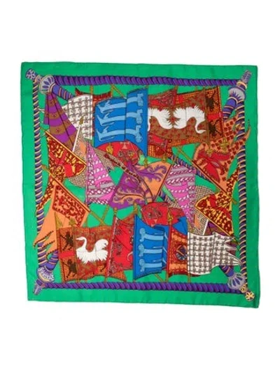 Pre-owned Hermes Etendards Et Bannieres Silk Scarf In Green