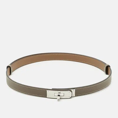 Pre-owned Hermes Etoupe Epsom Leather Palladium Finish Kelly 18 Adjustable Belt In Gray