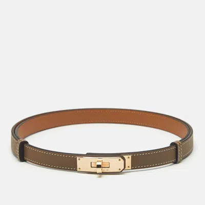 Pre-owned Hermes Hermès Etoupe Epsom Leather Rose Gold Finish Kelly 18 Adjustable Belt In Gray