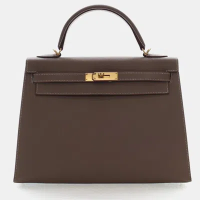 Pre-owned Hermes Etoupe Epsom Sellier Kelly 32 In Brown
