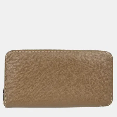 Pre-owned Hermes Etoupe Gray Epsom Azap Zip-around Long Wallet In Brown
