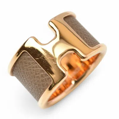 Pre-owned Hermes Etoupe Gray Gold Leather Metal Band Ring ()