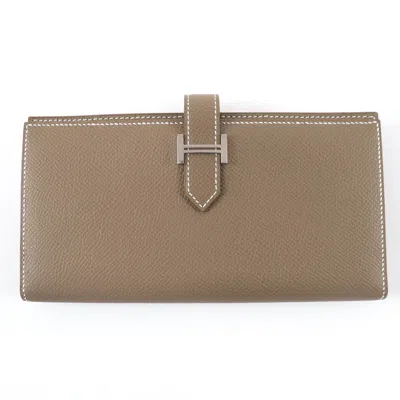 Pre-owned Hermes Etoupe Gray Leather Long Wallet (bi-fold) ()