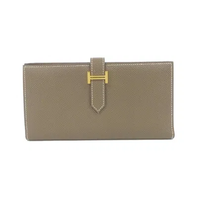 Pre-owned Hermes Etoupe Gray Soufre Epsom Leather Long Wallet (bi-fold) () In Etoupe Gray, Soufre
