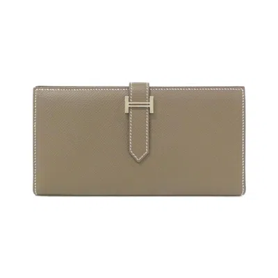 Pre-owned Hermes Etoupe Gray Soufre Epsom Leather Long Wallet (bi-fold) () In Etoupe Gray, Soufre
