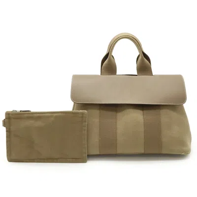 Pre-owned Hermes Etoupe Gray Toile Chevron Leather Handbag Pouch Tote Bag ()
