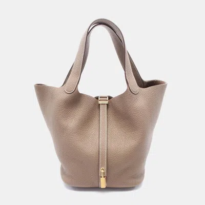 Pre-owned Hermes Brown Etoupe Grey Leather Picotin Lock Mm Tote Handbag Clemence Ghw