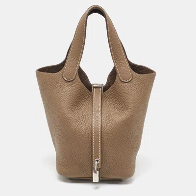 Pre-owned Hermes Etoupe Grey Taurillon Clemence Leather Picotin Lock 18 Bag In Gray