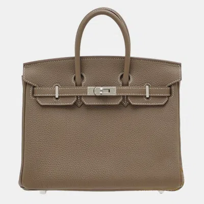 Pre-owned Hermes Etoupe Grey Togo Leather Birkin 25 Bag In Brown