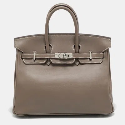 Pre-owned Hermes Etoupe Swift Leather Palladium Finish Birkin 25 Bag In Gray