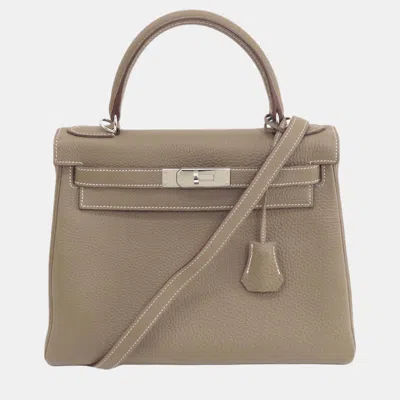 Pre-owned Hermes Etoupe Togo Kelly 28 Handbag In Grey