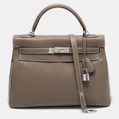 Pre-owned Hermes Etoupe Togo Leather Palladium Finish Kelly Retourne 32 Bag In Gray