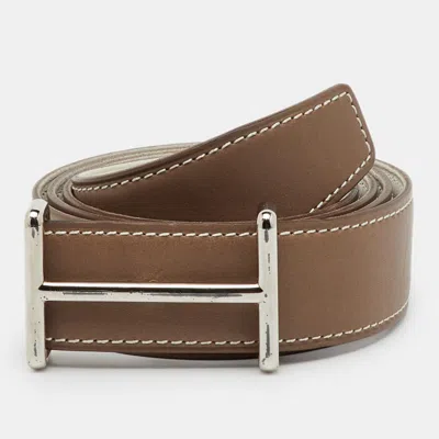 Pre-owned Hermes Hermès Etoupe/blanc Swift Leather Palladium Finish Reversible Idem Belt 95cm In Gray