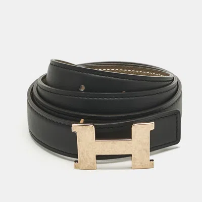 Pre-owned Hermes Etoupe/noir Epsom And Swift Leather H Martelee Buckle Reversible Belt 85 Cm In Gray