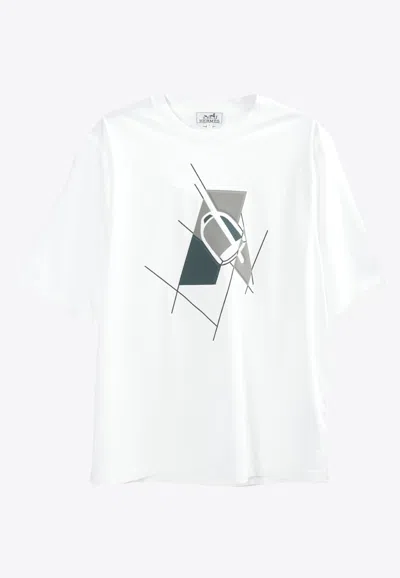 Pre-owned Hermes Etrier En Fragments Short-sleeved T-shirt In White