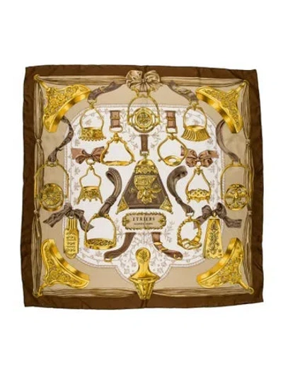 Pre-owned Hermes Etriers Silk Scarf In Brown